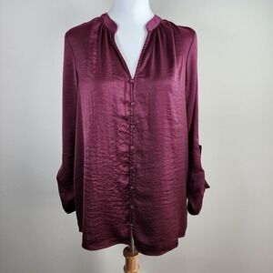 Renuar Burgandy Blouse Womens Small Wine Long Sleeve Button Up Elegant Flowy Top